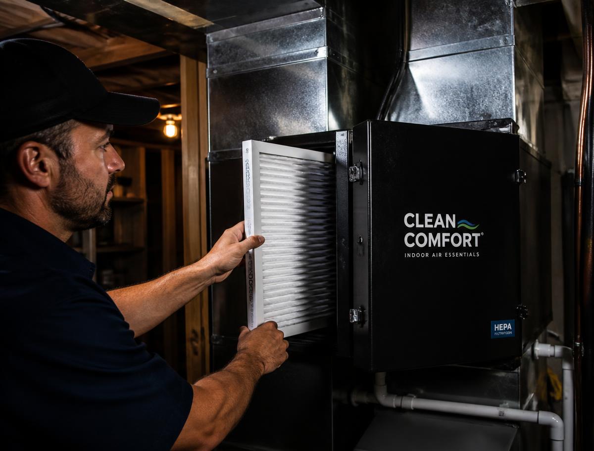 Technician sliding a clean pleated filter into a whole-home air filtration cabinet