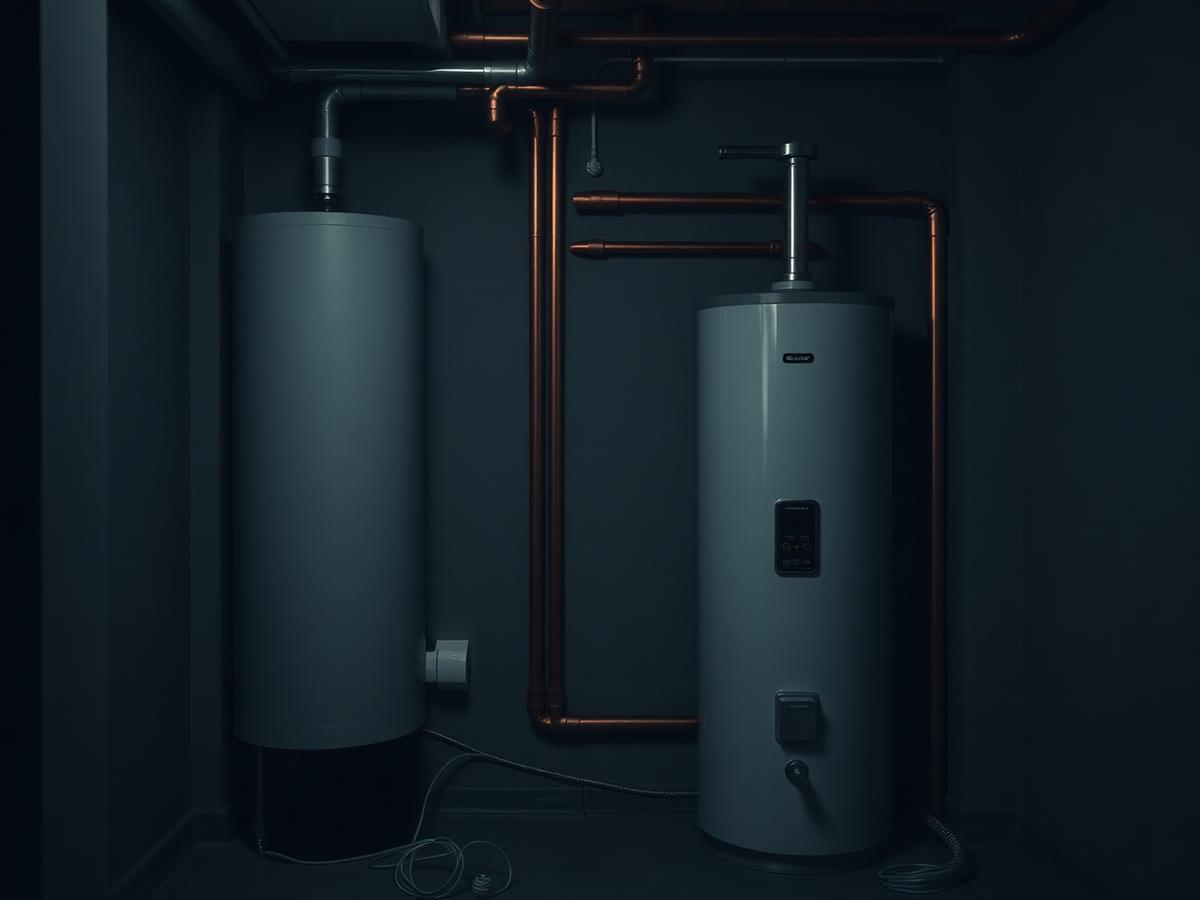 Residential hot water heaters with copper piping in a basement